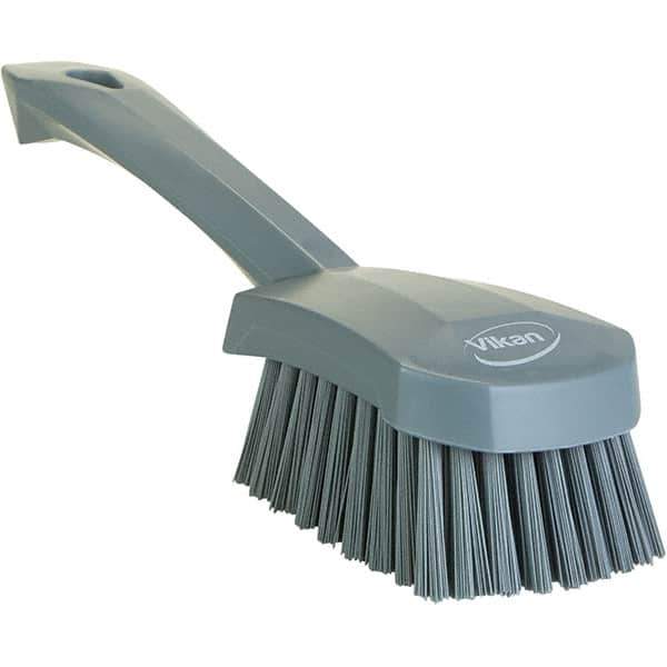 Vikan - 1.3" Bristle Length, Polyester Scrub Brush - 4-1/4" Long x 2-3/4" Wide Head, 10" OAL, Ergonomic Handle, Gray, Polypropylene Block - Industrial Tool & Supply