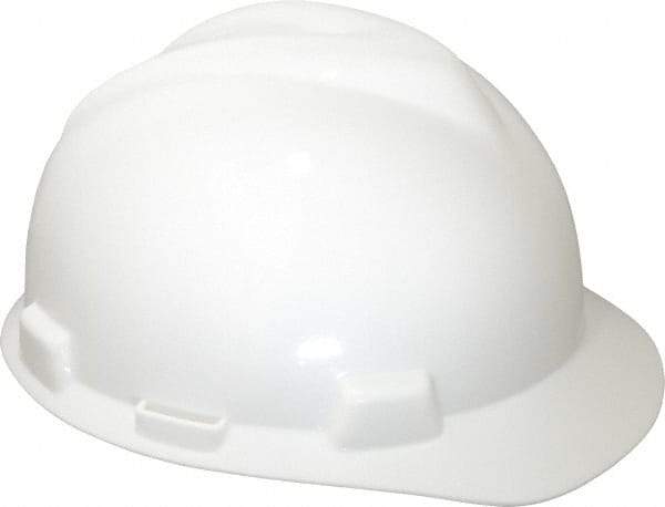 MSA - ANSI Type I, Class E Rated, 4-Point, Pin Lock Adjustment Hard Hat - One Size Fits Most, White, Standard Brim - Industrial Tool & Supply