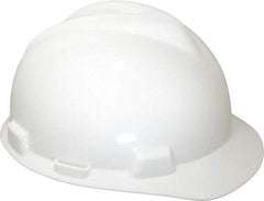 MSA - ANSI Type I, Class E Rated, 4-Point, Pin Lock Adjustment Hard Hat - One Size Fits Most, White, Standard Brim - Industrial Tool & Supply