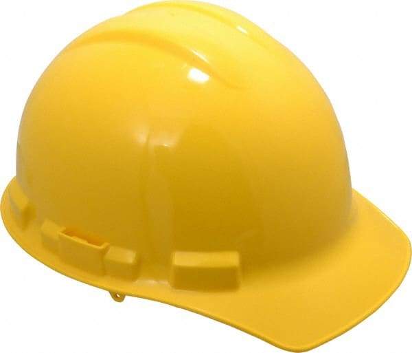 MSA - ANSI Type I, Class E Rated, 4-Point, Pin Lock Adjustment Hard Hat - One Size Fits Most, Yellow, Standard Brim - Industrial Tool & Supply