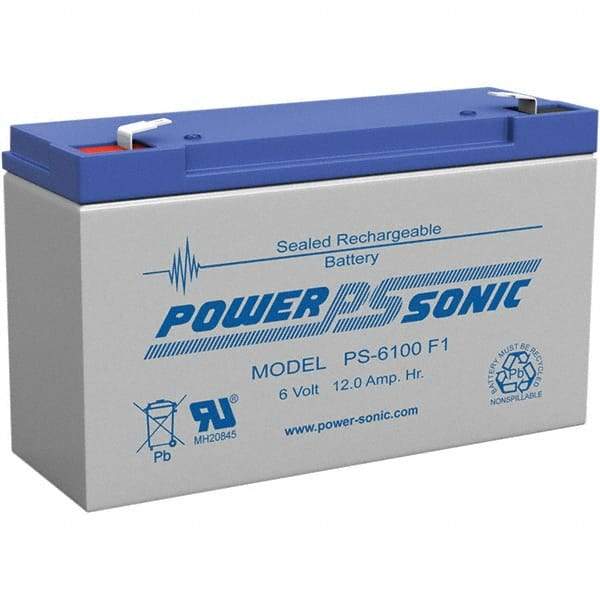 Power-Sonic - Lead-Acid, Quick-Disconnect Tab Terminal, 6 Volt, 12 Amp, Lead Rechargeable Battery - 3/16" Tab Width x 0.8mm Tab Thickness, 2" Wide x 3.7" High x 5.95" Deep - Industrial Tool & Supply