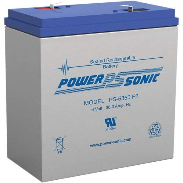 Power-Sonic - Lead-Acid, Quick-Disconnect Tab Terminal, 6 Volt, 36 Amp, Lead Rechargeable Battery - 1/4" Tab Width x 0.8mm Tab Thickness, 3.35" Wide x 6-1/2" High x 6-1/4" Deep - Industrial Tool & Supply
