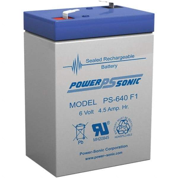 Power-Sonic - Lead-Acid, Quick-Disconnect Tab Terminal, 6 Volt, 4.5 Amp, Lead Rechargeable Battery - 3/16" Tab Width x 0.8mm Tab Thickness, 1.86" Wide x 3.94" High x 2.76" Deep - Industrial Tool & Supply
