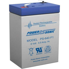 Power-Sonic - Lead-Acid, Quick-Disconnect Tab Terminal, 6 Volt, 4.5 Amp, Lead Rechargeable Battery - 3/16" Tab Width x 0.8mm Tab Thickness, 1.86" Wide x 3.94" High x 2.76" Deep - Industrial Tool & Supply