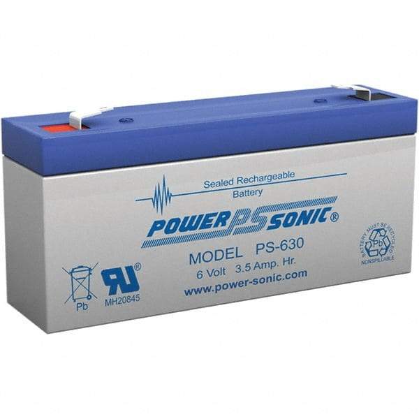 Power-Sonic - Lead-Acid, Quick-Disconnect Tab Terminal, 6 Volt, 3.5 Amp, Lead Rechargeable Battery - 3/16" Tab Width x 0.8mm Tab Thickness, 1.34" Wide x 2.35" High x 5.28" Deep - Industrial Tool & Supply