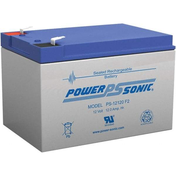 Power-Sonic - Lead-Acid, Quick-Disconnect Tab Terminal, 12 Volt, 12 Amp, Lead Rechargeable Battery - 1/4" Tab Width x 0.8mm Tab Thickness, 3.86" Wide x 3.7" High x 5.95" Deep - Industrial Tool & Supply