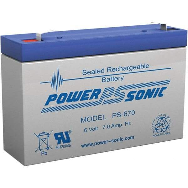 Power-Sonic - Lead-Acid, Quick-Disconnect Tab Terminal, 6 Volt, 7 Amp, Lead Rechargeable Battery - 3/16" Tab Width x 0.8mm Tab Thickness, 1.34" Wide x 3.7" High x 5.95" Deep - Industrial Tool & Supply