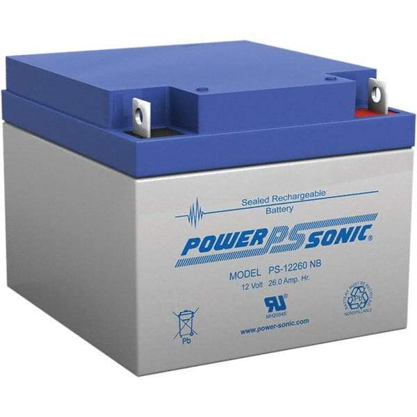 Power-Sonic - Lead-Acid, Nut/Bolt Terminal, 12 Volt, 26 Amp, Lead Rechargeable Battery - 5mm Hole Diam, 2mm Tab Thickness, 6.97" Wide x 4.92" High x 6.56" Deep - Industrial Tool & Supply