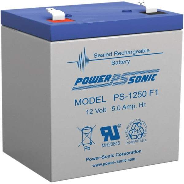 Power-Sonic - Lead-Acid, Quick-Disconnect Tab Terminal, 12 Volt, 5 Amp, Lead Rechargeable Battery - 3/16" Tab Width x 0.8mm Tab Thickness, 2.76" Wide x 3.98" High x 3.54" Deep - Industrial Tool & Supply