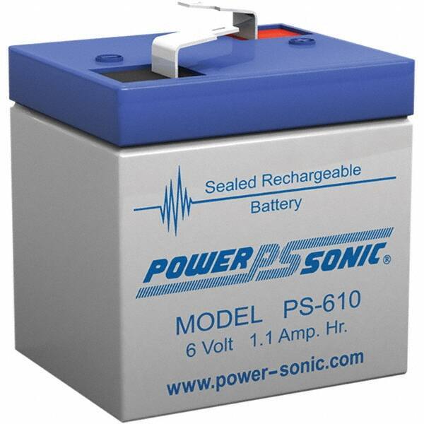 Power-Sonic - Lead-Acid, Quick-Disconnect Tab Terminal, 6 Volt, 1.1 Amp, Lead Rechargeable Battery - 3/16" Tab Width x 0.8mm Tab Thickness, 1.65" Wide x 2" High x 2" Deep - Industrial Tool & Supply