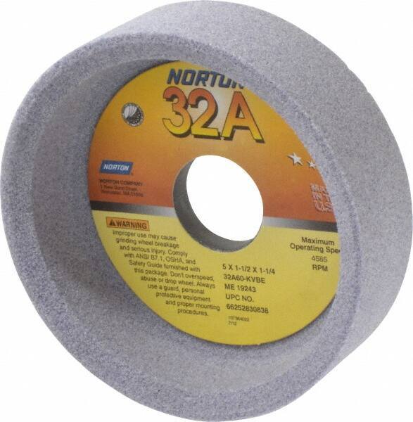 Norton - 5" Diam, 1-1/4" Hole Size, 1-1/2" Overall Thickness, 60 Grit, Type 6 Tool & Cutter Grinding Wheel - Medium Grade, Aluminum Oxide, K Hardness, Vitrified Bond, 4,585 RPM - Industrial Tool & Supply