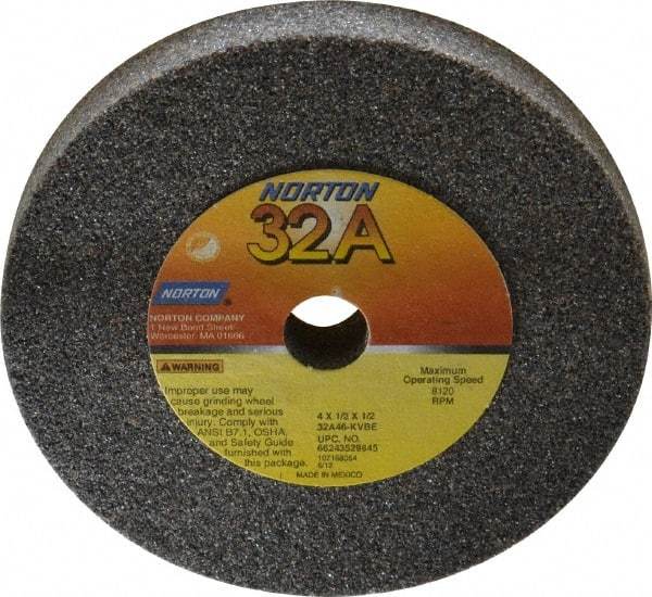 Norton - 46 Grit Aluminum Oxide Type 1 Internal Grinding Wheel - 4" Diam x 1/2" Hole x 1/2" Thick, 8,120 Max RPM, Type 1 Coarse Grade, K Hardness, Vitrified Bond, No Recess - Industrial Tool & Supply