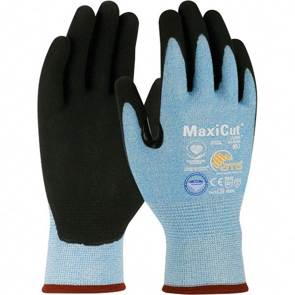 ATG - Size M, ANSI Cut Lvl A3, Puncture Lvl 3, Abrasion Lvl 4, Micro-Foam Nitrile Coated Dyneema Diamond Technology Cut Resistant Gloves - 8.66" Long, Palm & Fingers Coated, Continuous Knit Cuff, Blue/Black, Paired - Industrial Tool & Supply