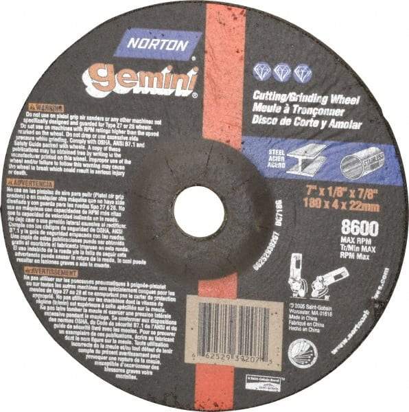 Norton - 7" Wheel Diam, 1/8" Wheel Thickness, 7/8" Arbor Hole, Type 27 Depressed Center Wheel - Aluminum Oxide, 8,600 Max RPM, Compatible with Angle Grinder - Industrial Tool & Supply