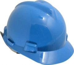 MSA - ANSI Type I, Class E Rated, 4-Point, Pin Lock Adjustment Hard Hat - Size 6-1/2 to 8, Blue, Standard Brim - Industrial Tool & Supply