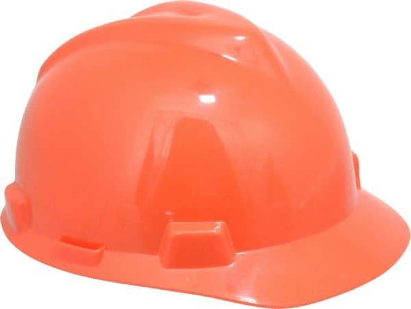 MSA - ANSI Type I, Class E Rated, 4-Point, Pin Lock Adjustment Hard Hat - Size 6-1/2 to 8, Orange, Standard Brim - Industrial Tool & Supply