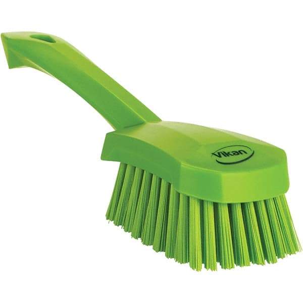 Vikan - 1.3" Bristle Length, Polyester Scrub Brush - 4-1/4" Long x 2-3/4" Wide Head, 10" OAL, Ergonomic Handle, Green, Polypropylene Block - Industrial Tool & Supply