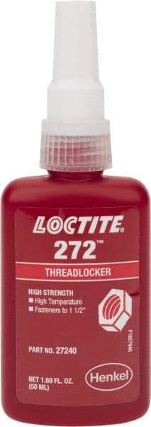 Loctite - 50 mL Bottle, Red, High Strength Liquid Threadlocker - Series 272, 24 hr Full Cure Time, Hand Tool, Heat Removal - Industrial Tool & Supply