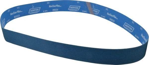 Norton - 2-1/2" Wide x 60" OAL, 60 Grit, Zirconia Alumina Abrasive Belt - Zirconia Alumina, Medium, Coated, X Weighted Cloth Backing, Series R823 - Industrial Tool & Supply