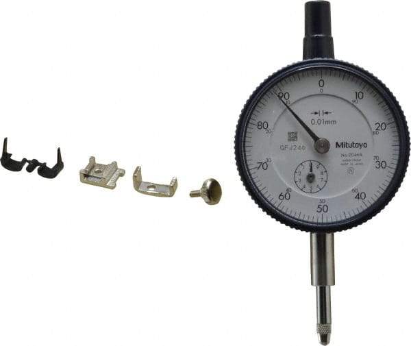 Mitutoyo - 10mm Range, 0-100 Dial Reading, 0.01mm Graduation Dial Drop Indicator - 2-3/16" Dial, 1mm Range per Revolution, 0.013mm Accuracy, Revolution Counter - Industrial Tool & Supply