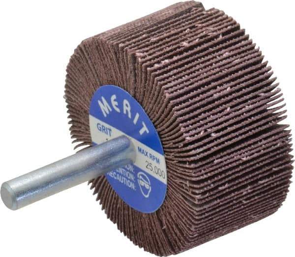 Merit Abrasives - 2" Diam x 1" Face Width, Very Fine Ceramic Alumina Coated Mounted Flap Wheel - 1/4" Shank Mount, 180 Grit, Cloth Backing, 25,000 Max RPM - Industrial Tool & Supply