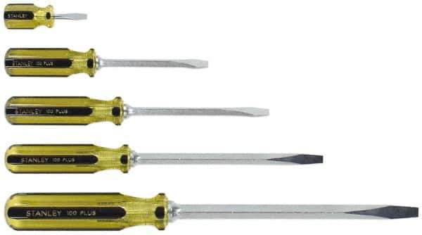 Stanley - 5 Piece Slotted & Stubby Screwdriver Set - Blade Sizes: Length 1-1/2, 4, 6, 8 & 12, Width 1/4, 5/16 & 3/8 - Industrial Tool & Supply