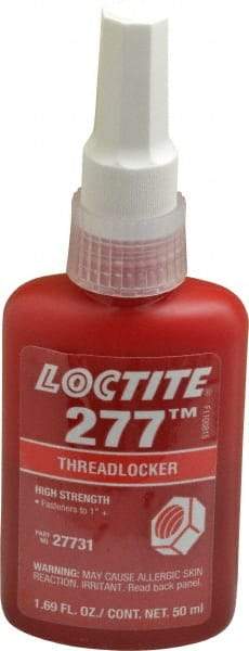 Loctite - 50 mL Bottle, Red, High Strength Liquid Threadlocker - Series 277, 24 hr Full Cure Time, Hand Tool, Heat Removal - Industrial Tool & Supply