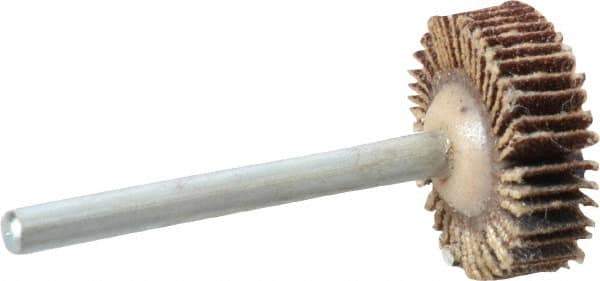 Merit Abrasives - 3/4" Diam x 3/16" Face Width, Fine Aluminum Oxide Coated Mounted Flap Wheel - 1/8" Shank Mount, 120 Grit, Cloth Backing, 35,000 Max RPM - Industrial Tool & Supply