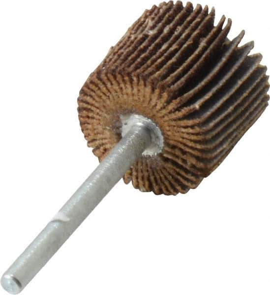 Merit Abrasives - 3/4" Diam x 5/8" Face Width, Medium Aluminum Oxide Coated Mounted Flap Wheel - 1/8" Shank Mount, 80 Grit, Cloth Backing, 35,000 Max RPM - Industrial Tool & Supply