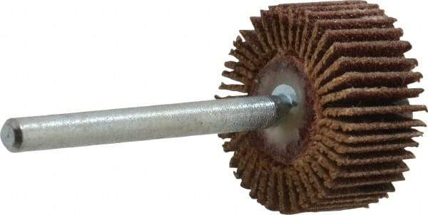 Merit Abrasives - 3/4" Diam x 3/8" Face Width, Fine Aluminum Oxide Coated Mounted Flap Wheel - 1/8" Shank Mount, 120 Grit, Cloth Backing, 35,000 Max RPM - Industrial Tool & Supply