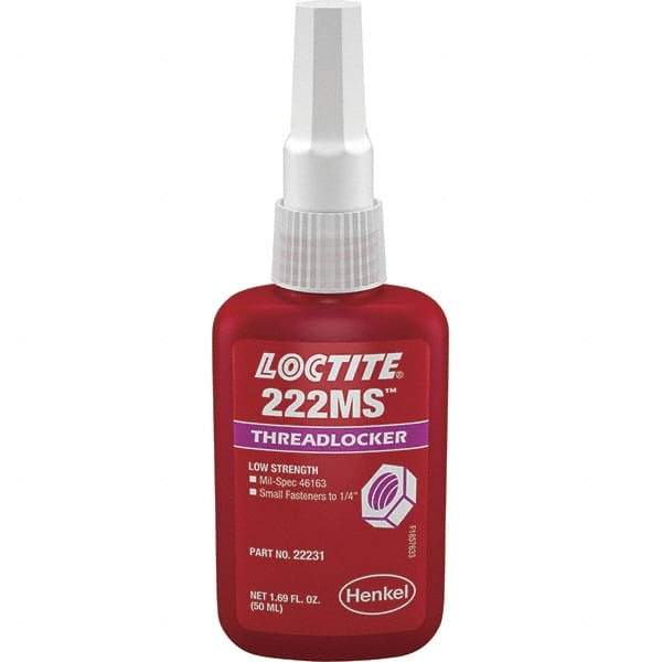 Loctite - 50 mL Bottle, Purple, Low Strength Liquid Threadlocker - Series 222, 24 hr Full Cure Time, Hand Tool Removal - Industrial Tool & Supply