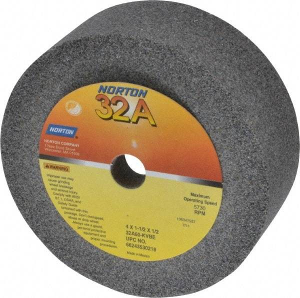 Norton - 4" Diam, 1/2" Hole Size, 1-1/2" Overall Thickness, 60 Grit, Type 6 Tool & Cutter Grinding Wheel - Medium Grade, Aluminum Oxide, K Hardness, Vitrified Bond, 5,730 RPM - Industrial Tool & Supply