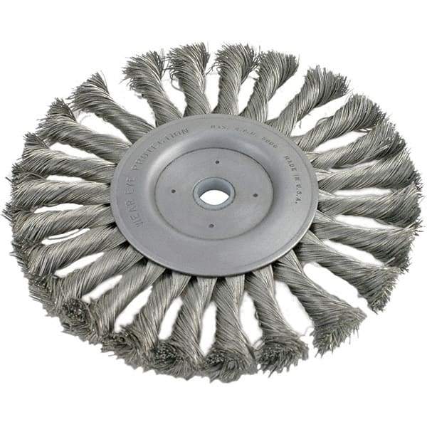 Brush Research Mfg. - 4" OD, 3/8 & 1/2" Arbor Hole, Knotted Stainless Steel Wheel Brush - 1/2" Face Width, 13/16" Trim Length, 20,000 RPM - Industrial Tool & Supply