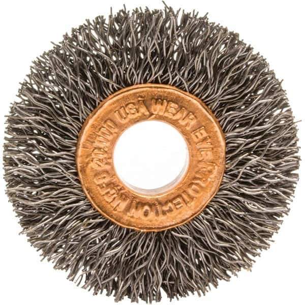 Brush Research Mfg. - 1-1/2" OD, 3/8" Arbor Hole, Crimped Carbon Wheel Brush - 1/4" Face Width, 3/8" Trim Length, 20,000 RPM - Industrial Tool & Supply