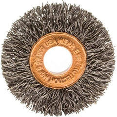 Brush Research Mfg. - 1-1/2" OD, 3/8" Arbor Hole, Crimped Carbon Wheel Brush - 1/4" Face Width, 3/8" Trim Length, 20,000 RPM - Industrial Tool & Supply
