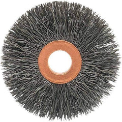 Brush Research Mfg. - 3-1/2" OD, 1/2" Arbor Hole, Crimped Stainless Steel Wheel Brush - 5/8" Face Width, 5/16" Trim Length, 20,000 RPM - Industrial Tool & Supply