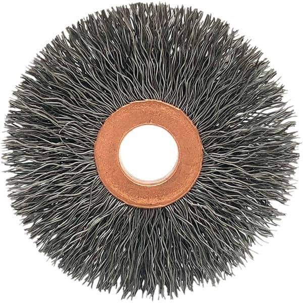 Brush Research Mfg. - 3-1/2" OD, 1/2" Arbor Hole, Crimped Stainless Steel Wheel Brush - 5/8" Face Width, 5/16" Trim Length, 20,000 RPM - Industrial Tool & Supply
