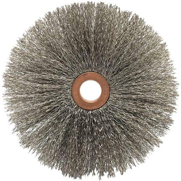 Brush Research Mfg. - 4" OD, 5/8" Arbor Hole, Crimped Carbon Wheel Brush - 5/8" Face Width, 1-9/16" Trim Length, 20,000 RPM - Industrial Tool & Supply