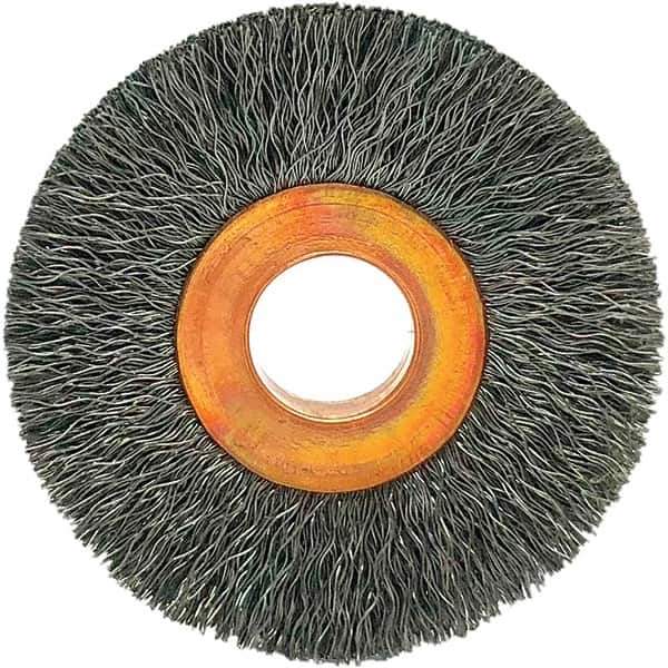 Brush Research Mfg. - 1-1/2" OD, 3/8" Arbor Hole, Crimped Carbon Wheel Brush - 1/4" Face Width, 3/8" Trim Length, 20,000 RPM - Industrial Tool & Supply