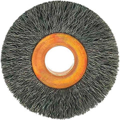 Brush Research Mfg. - 1-1/2" OD, 3/8" Arbor Hole, Crimped Carbon Wheel Brush - 1/4" Face Width, 3/8" Trim Length, 20,000 RPM - Industrial Tool & Supply