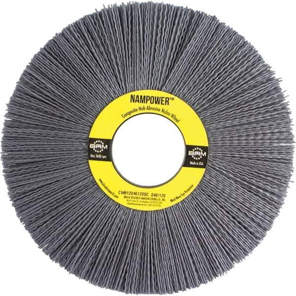 Brush Research Mfg. - 8" OD, 2" Arbor Hole, Crimped Abrasive Nylon Wheel Brush - 1" Face Width, 2-1/2" Trim Length, 3,600 RPM - Industrial Tool & Supply