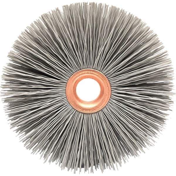 Brush Research Mfg. - 1-1/2" OD, 3/8" Arbor Hole, Crimped Abrasive Nylon Wheel Brush - 5/16" Face Width, 3/8" Trim Length, 20,000 RPM - Industrial Tool & Supply