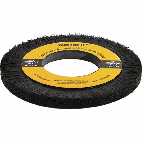 Brush Research Mfg. - 7-7/8" OD, 3-1/4" Arbor Hole, Crimped Abrasive Nylon Wheel Brush - 0.394" Face Width, 1.1811" Trim Length, 3,600 RPM - Industrial Tool & Supply