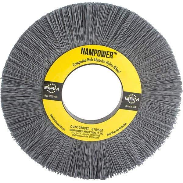 Brush Research Mfg. - 6" OD, 2" Arbor Hole, Crimped Abrasive Nylon Wheel Brush - 1/2" Face Width, 1-1/2" Trim Length, 3,600 RPM - Industrial Tool & Supply