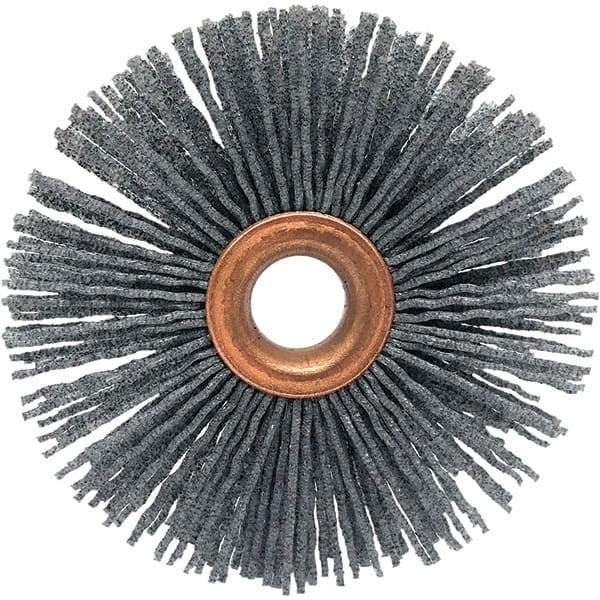 Brush Research Mfg. - 1-1/2" OD, 3/8" Arbor Hole, Crimped Abrasive Nylon Wheel Brush - 5/16" Face Width, 3/8" Trim Length, 20,000 RPM - Industrial Tool & Supply
