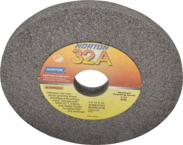 Norton - 60 Grit Aluminum Oxide Type 1 Internal Grinding Wheel - 4" Diam x 3/4" Hole x 1/4" Thick, 8,120 Max RPM, Type 1 Medium Grade, K Hardness, Vitrified Bond, No Recess - Industrial Tool & Supply