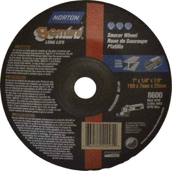 Norton - 24 Grit, 7" Wheel Diam, 1/4" Wheel Thickness, 7/8" Arbor Hole, Type 28 Depressed Center Wheel - Aluminum Oxide, 8,600 Max RPM, Compatible with Angle Grinder - Industrial Tool & Supply