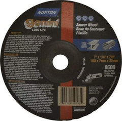 Norton - 24 Grit, 7" Wheel Diam, 1/4" Wheel Thickness, 7/8" Arbor Hole, Type 28 Depressed Center Wheel - Aluminum Oxide, 8,600 Max RPM, Compatible with Angle Grinder - Industrial Tool & Supply
