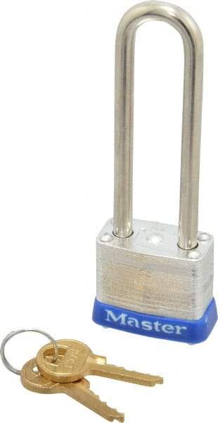 Master Lock - 2-1/2" Shackle Clearance, Keyed Different Padlock - 1/2" Shackle Width, 3/16" Shackle Diam, Laminated Steel - Industrial Tool & Supply