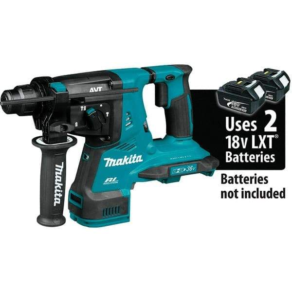 Makita - 36 Volt 1-1/8" SDS Plus Chuck Cordless Rotary Hammer - 5000 BPM, 0 to 980 RPM, Reversible - Industrial Tool & Supply